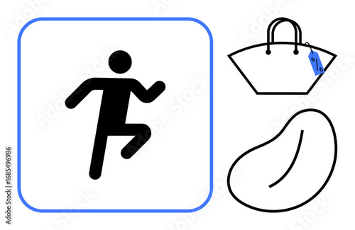 Dynamic figure running within blue square border, next to a handbag with a price tag and a bean-shaped object. Ideal for shopping, e-commerce, retail, movement, fashion, speed, consumerism concepts