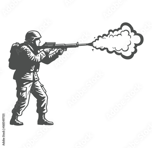 Soldier aiming and firing rifle with smoke illustration in a vintage style