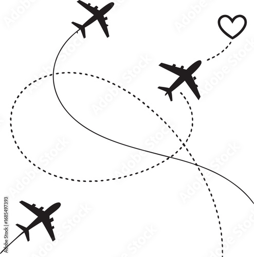 Minimalist Airplane Silhouettes – Vector Illustration with Dotted Flight Paths