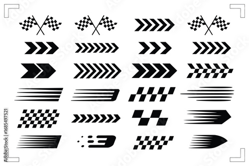 Racing Car Stripes Vector Set Featuring Speed Lines, Flame Elements, and Checkered Flags – Motorsport Graphics for Vehicle Wraps, Car Tuning, and Competitive Auto Design Themes