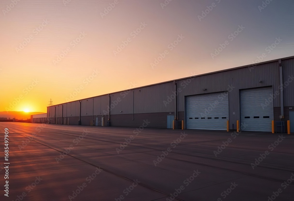 Obraz premium Sunset illuminates empty warehouse with large metal shutter doors, vast paved area extends to horizon, space, photography