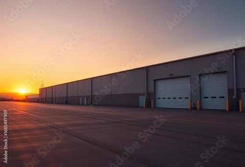 Sunset illuminates empty warehouse with large metal shutter doors, vast paved area extends to horizon,  space,  photography