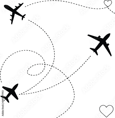Minimalist Airplane Silhouettes – Vector Illustration with Dotted Flight Paths