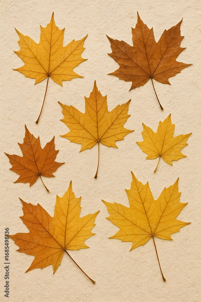 Obraz premium Collection of Autumn Maple Leaves, Yellow and Brown Foliage on Beige Paper, Flat Lay of Seasonal Maple Leaves