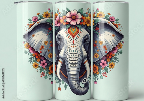 Three light mint-colored, cylindrical tumblers are shown, each featuring a graphic design of an elephant head