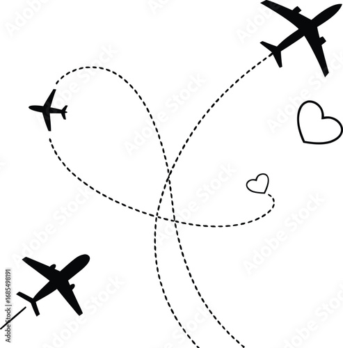 Minimalist Airplane Silhouettes – Vector Illustration with Dotted Flight Paths