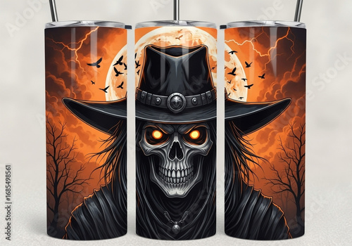 Three vertically aligned tumblers, each featuring a graphic design. The central figure is a skull wearing a dark, wide-brimmed hat