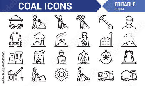 Editable coal icon pack featuring helmet, miner, shaft, pit, machinery, supply, and engineering tools
