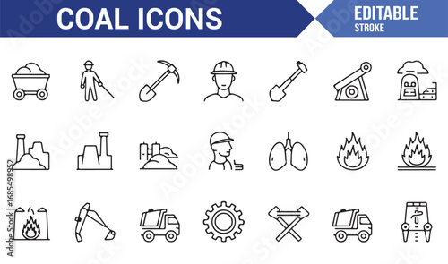 Modern stroke coal icons set with carbon, power, fuel, smoke, extraction, and industrial energy graphics