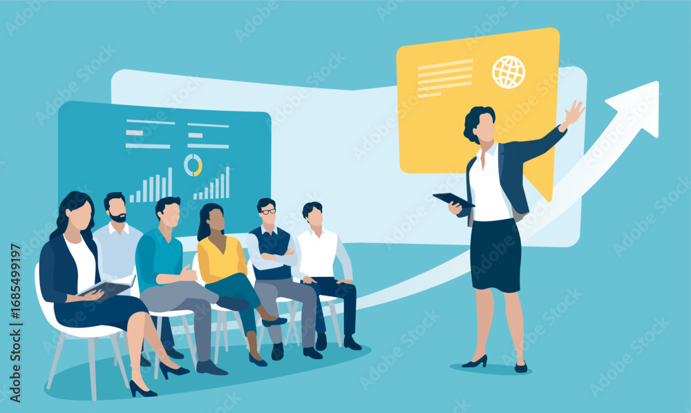 Naklejka premium Business plan. Lecture, education. A young female speaker gives a presentation. Business vector illustration.