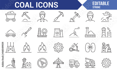 Stroke style coal icons pack with mining tools, dump truck, excavator, and fuel production elements