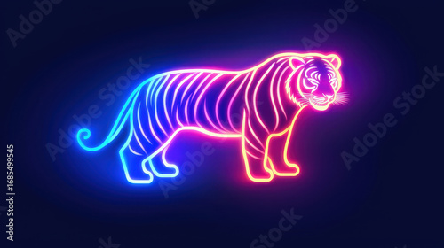 Neon tiger illustration glowing in vibrant colors, showcasing striking design with blue and pink hues. artwork captures essence of majestic animal