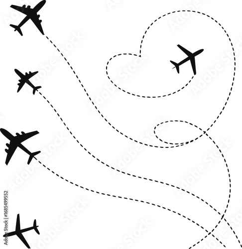Minimalist Airplane Silhouettes – Vector Illustration with Dotted Flight Paths