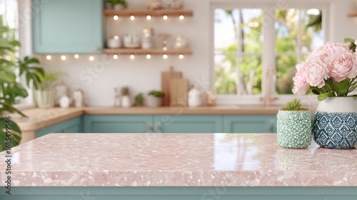 Modern pink themed kitchen with pink terrazo countertop with pastel turquoise cabinetry and illuminating lights. Ideal for product mockup, design showcase and modern lifestyle visual