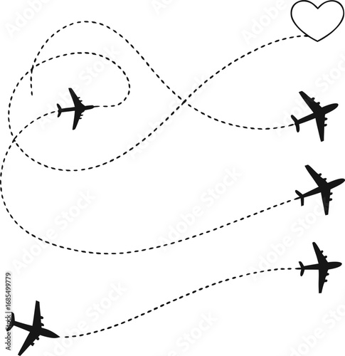 Minimalist Airplane Silhouettes – Vector Illustration with Dotted Flight Paths