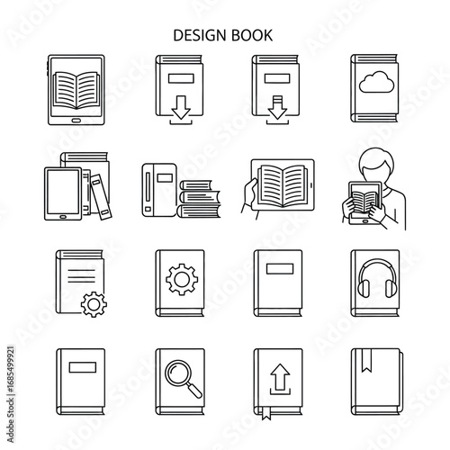 Design Book Icons: A visually dynamic collection of icons and illustrations related to design books, ebook, reading book, and literature. Including ebook reader and technology concept.