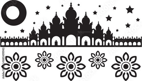 Indian Palace Silhouette with Floral Accents Ornate Architecture Vector Art
