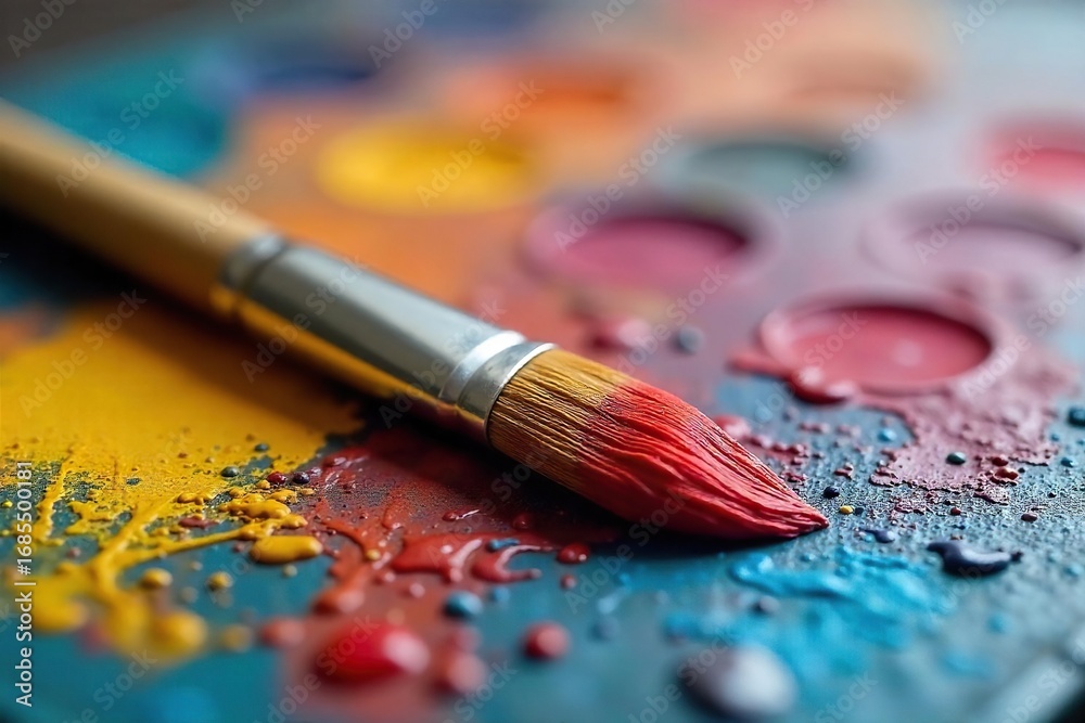 Fototapeta premium Close-up of a paintbrush resting on a painter's palette, bristles softly textured, vibrant paint colors visible Ready for the next stroke of artistic creation , color palette, paintbrush