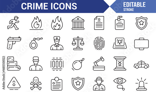 Collection of editable stroke crime icons with police, scales of justice, outlaw, and security graphics