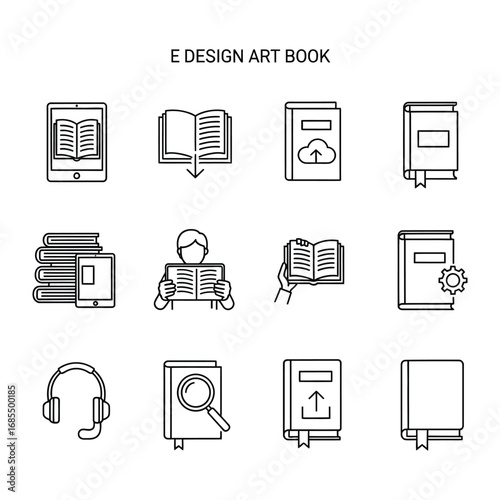 Digital Book Icon Set: An array of crisp, modern icons depicting the world of digital literature, perfect for design, illustration, and educational themes.
