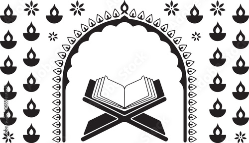 Islamic Arch with Book and Oil Lamps for Muslim Religious Holiday Silhouette