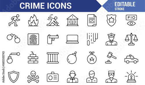 Modern stroke crime icons featuring scales, courthouse, law, investigation, and punishment elements