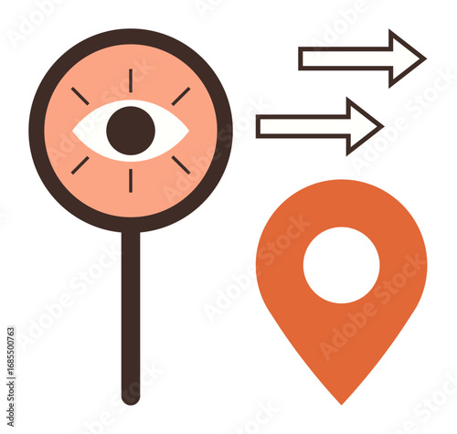 Magnifying glass with eye, orange location pin, and directional arrows. Ideal for tracking, navigation, analytics, exploration, observation, geolocation research presented as a simple flat metaphor
