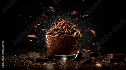 Chocolate mousse in glass cup with shaved chocolate on top, studio black background