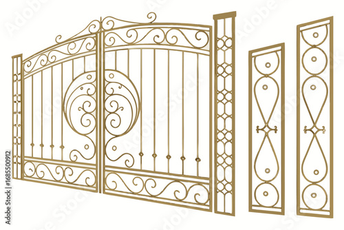 Vector art of wrought iron gate, featuring decorative metal design and ornate details for secure and stylish entrance to property