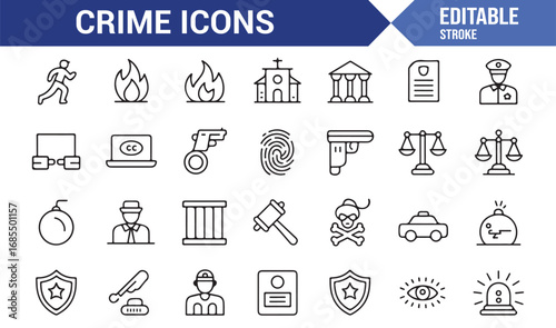 Stroke style crime icons pack with hacker, shield, outlaw, bomb, and law enforcement graphics