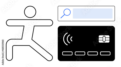 Human figure in motion, search bar with magnifying glass, and modern payment card. Ideal for finance, technology, e-commerce, user interaction, payment solutions, online browsing simple landing page