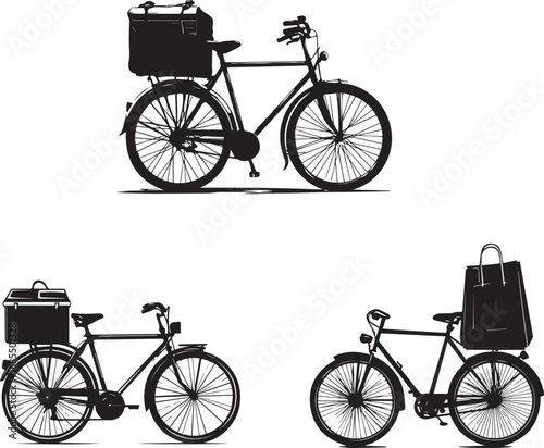 Vector art of three bicycles with cargo bags