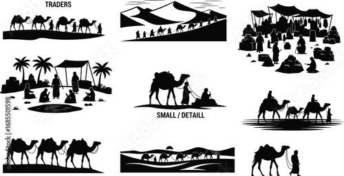 Desert traders caravan illustration, camel caravan, desert market, Bedouin life, nomadic trading, palm trees, desert trade, caravan journey, Middle Eastern culture
