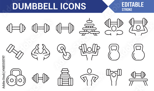 Dumbbell and barbell icon collection in editable stroke style with strength, gym, and conditioning tools