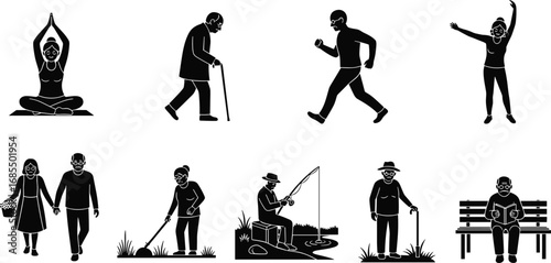 Elderly lifestyle, active aging, yoga, walking, reading, fishing, black and white illustration, senior health, outdoor activity, emotional wellness