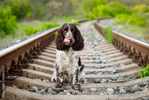 English Springer Spaniel standing on railroad tracks
