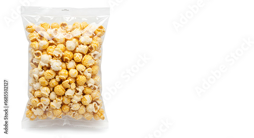 Delicious Caramel Popcorn in Clear Bag Packaging on White Background, Perfect for Movie Nights and Snacking on the Go
