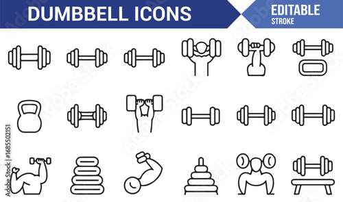 Editable dumbbell icon pack with bodybuilding, fitness, squat, curl, bench press, and performance tools