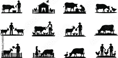 Farm life silhouettes, farmer with animals, rural scene, cow, goat, chicken, duck, barnyard interaction, agriculture, livestock care, countryside