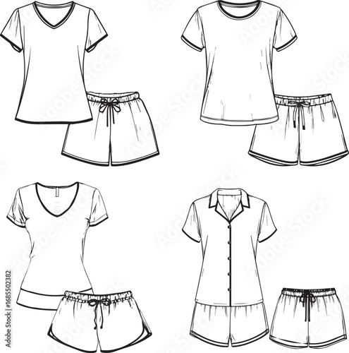 Vector art of four pajama set variations with shorts and tops