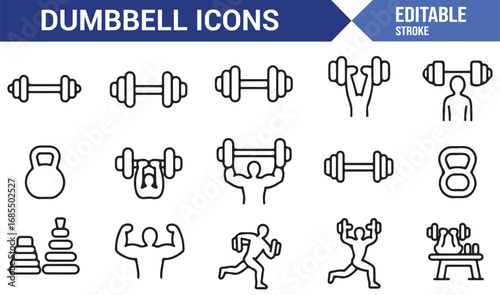 Dumbbell and kettlebell icons in outline style featuring lifting, bodybuilding, and healthy lifestyle