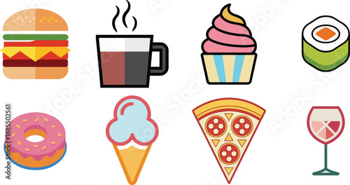 A colorful assortment of popular fast food and dessert icons perfect for menus and apps