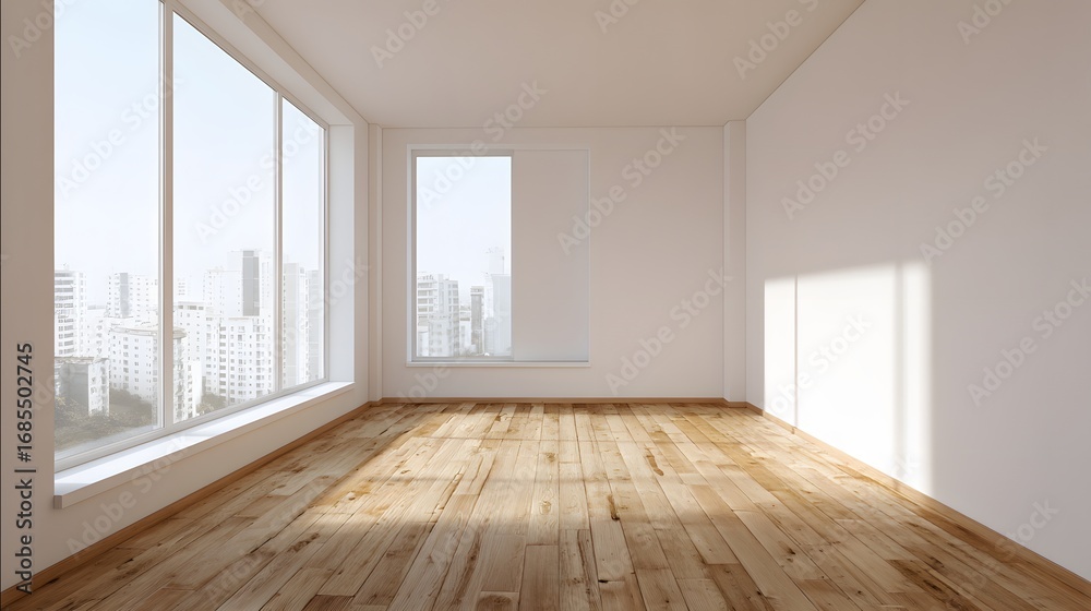 Obraz premium Scandinavian empty living space with pale wooden floor white walls and large window