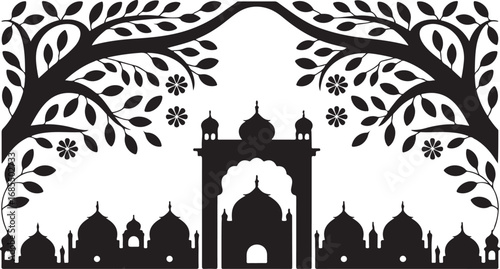 Silhouette of an Asian Temple with Trees Frame Against Transparent Background Vector
