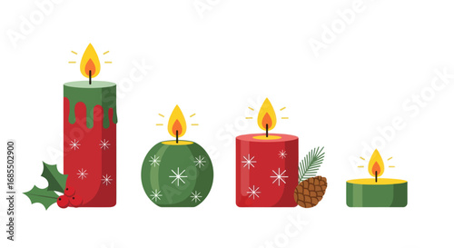 Festive Christmas Candles with Holly and Pinecone Decorations.