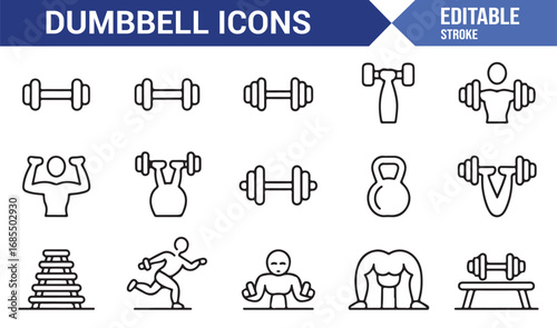 Stroke style dumbbell icons pack with athlete, resistance, bodybuilding, power, and gym symbols