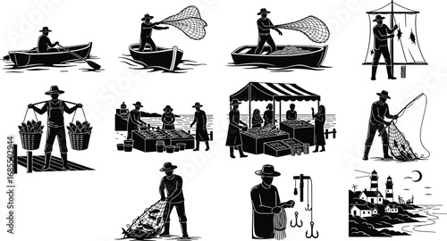 Fishermen casting nets, rowboat fishing, fish market stalls, fish drying on racks, fishing hooks, coastal village with lighthouse