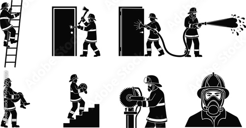 Firefighter action, rescue scene, emergency response, ladder climb, water hose, child rescue, black and white illustration, safety gear, fire service, heroism