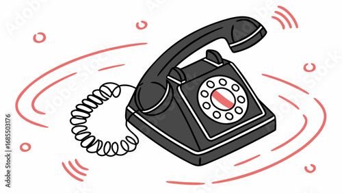 Illustration of a ringing black rotary phone with a coiled cord and pink sound wave effects around it