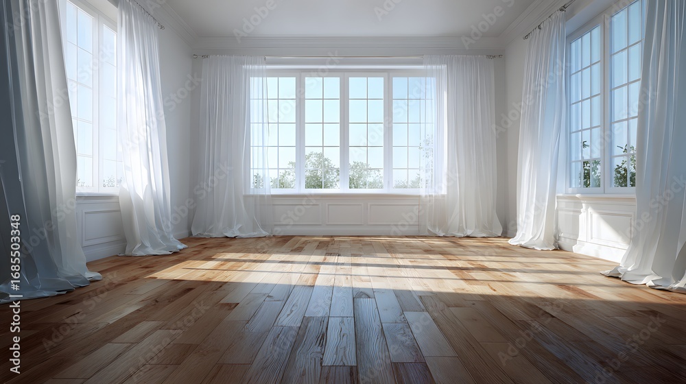 Obraz premium Bright cozy empty bedroom with wooden floor white curtains natural light